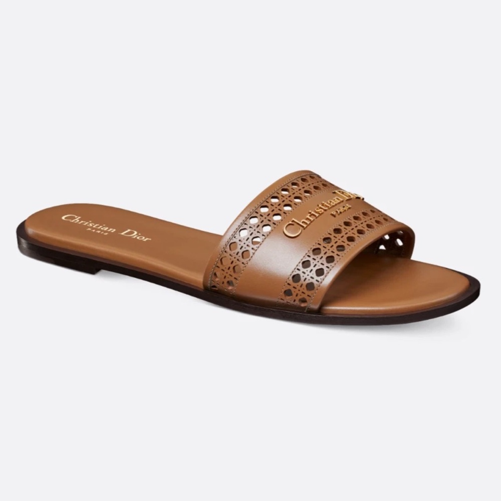 Dior D-Lane Dway Micro Cannage Chestnut Brown Leather Logo Slide Flat Sandal 39 - Picture 5 of 16